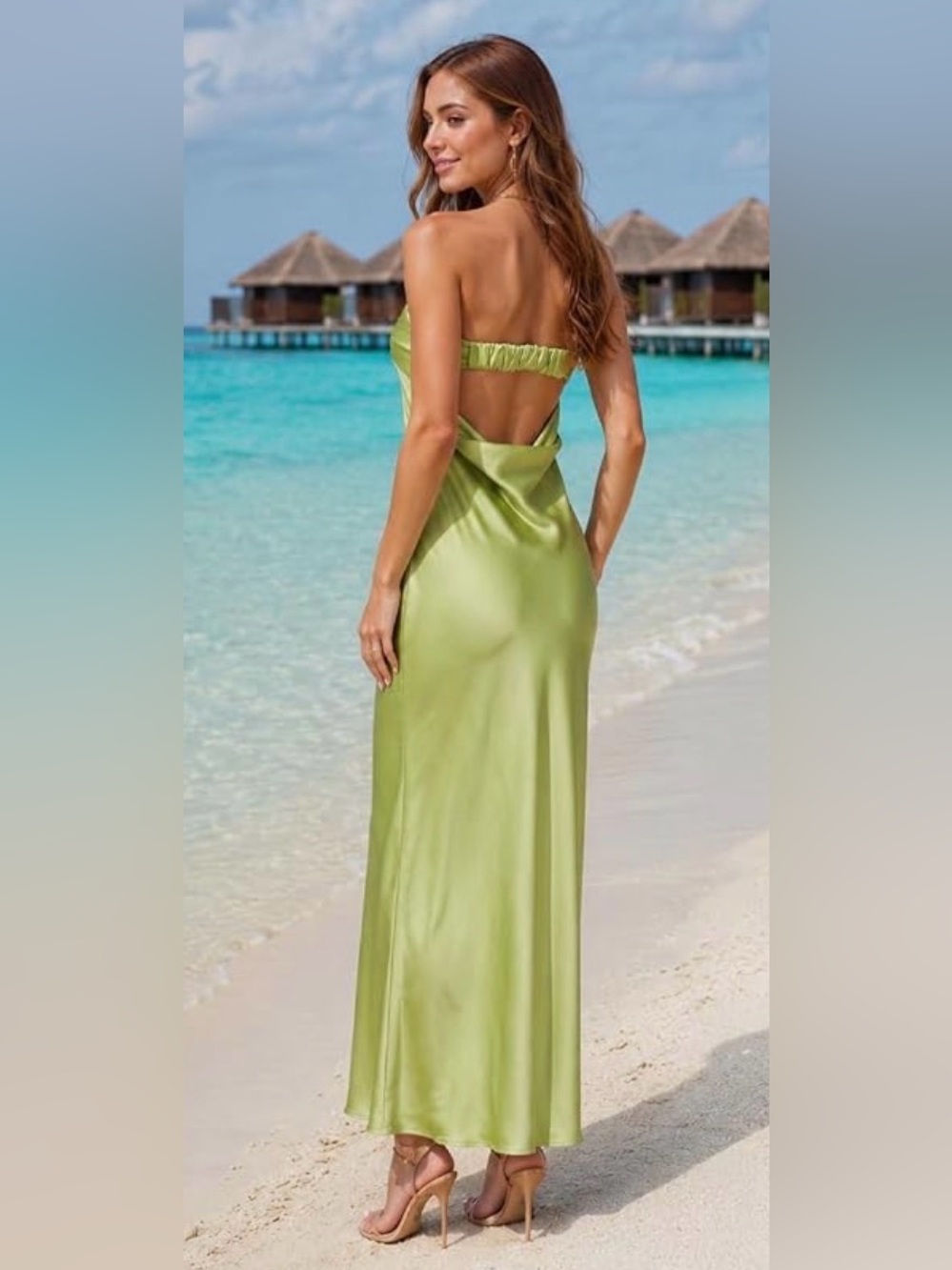 Olive Green Backless Cowl Back Strapless Pleated Sash Gown Maxi Dress XS